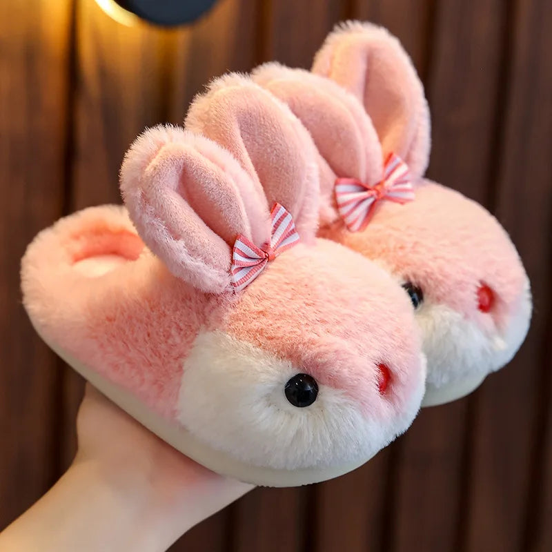 Children Winter Thick Slippers Kids Cotton-padded Shoes Baby Indoor Warm Slippers Girls Cute Cartoon Rabbit Animal Shoes Slides