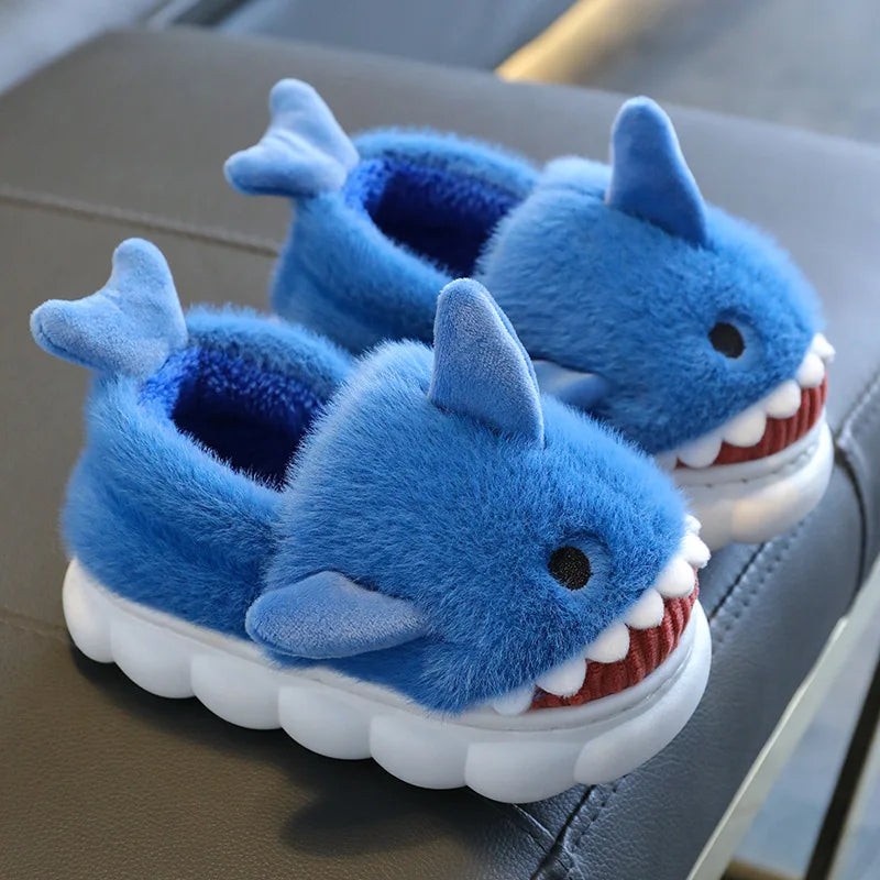 Warm Winter Kids Shark Cotton Slippers Non-Slip Soft Sole Cute Cartoon Plush Home Shoes for Boys Girls Indoor Outdoor