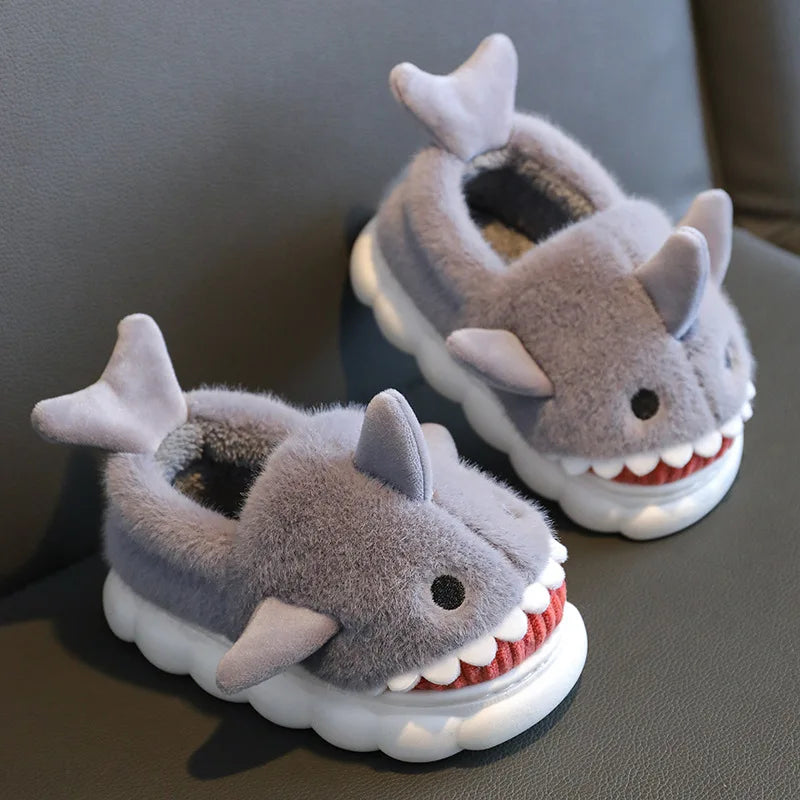 Warm Winter Kids Shark Cotton Slippers Non-Slip Soft Sole Cute Cartoon Plush Home Shoes for Boys Girls Indoor Outdoor