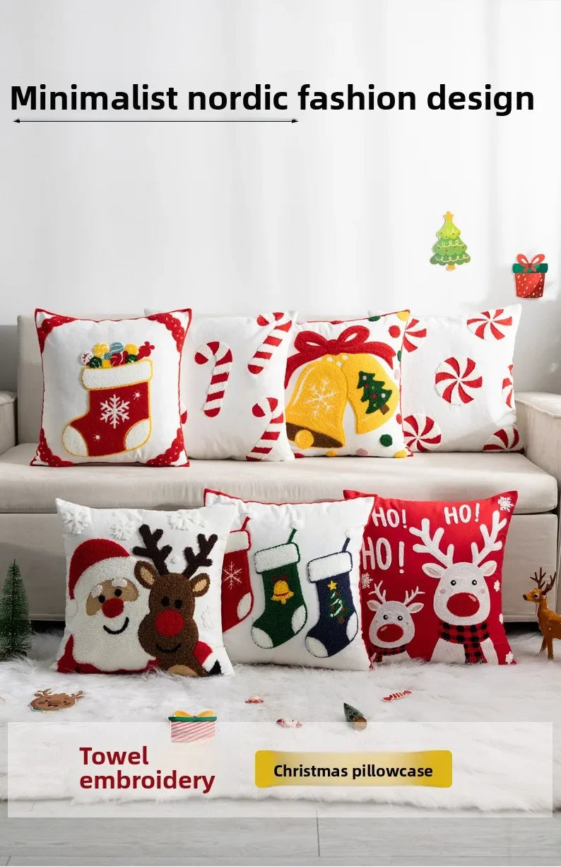 Decorative Cushion Cover Embroidered Towel Pillowcase Santa Claus Snowflake Merry Christmas Living Room Sofa Throw Pillow Cover