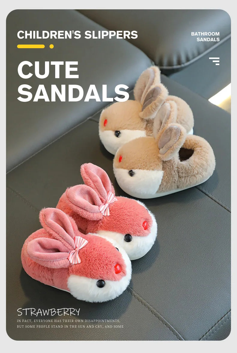 Children Winter Thick Slippers Kids Cotton-padded Shoes Baby Indoor Warm Slippers Girls Cute Cartoon Rabbit Animal Shoes Slides