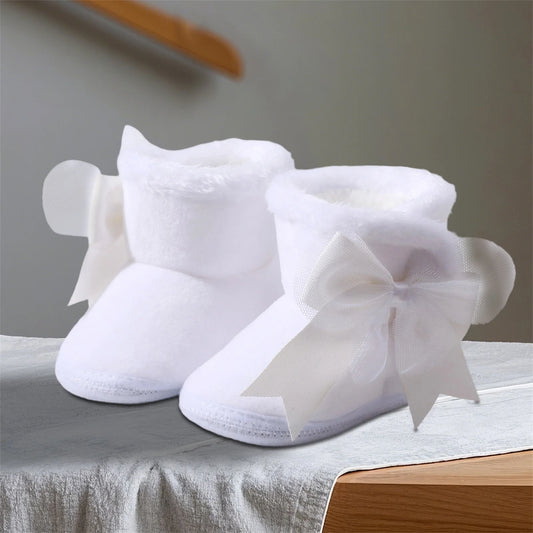 Infant Girls Cozy Fleece Lined Booties Cute Bowknot Slip-Resistant Crib Shoes for Newborns in Autumn and Winter