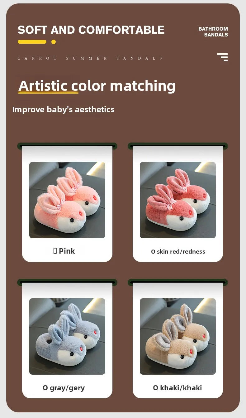 Children Winter Thick Slippers Kids Cotton-padded Shoes Baby Indoor Warm Slippers Girls Cute Cartoon Rabbit Animal Shoes Slides