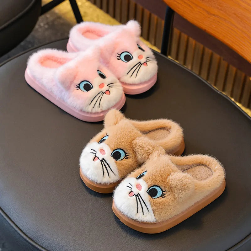 Winter Cartoon Cat Girls Boys Slippers Embroidery Plush Warm Non Slip Children Home Shoes Soft Bottom Kids Floor Slippers