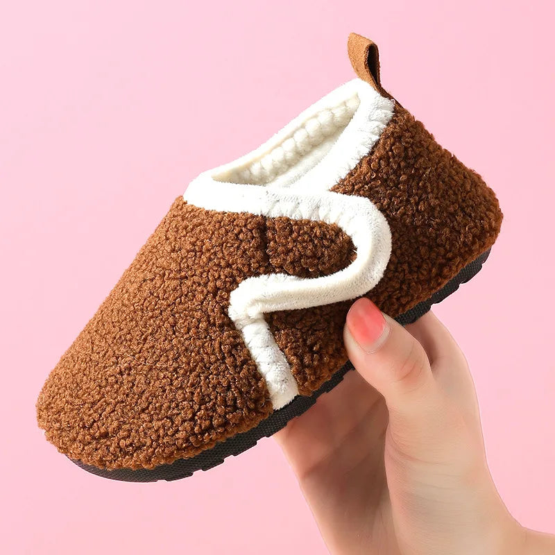 슬리퍼 Child Cotton Slippers Solid Warm Kids Winter Home Shoes Boys Girls Plush Floor Shoes Indoor Soft Sole Anti-slip Cotton Shoes