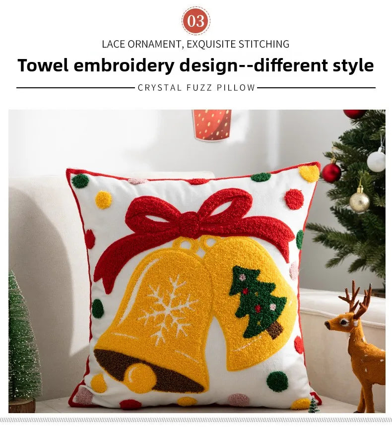 Decorative Cushion Cover Embroidered Towel Pillowcase Santa Claus Snowflake Merry Christmas Living Room Sofa Throw Pillow Cover