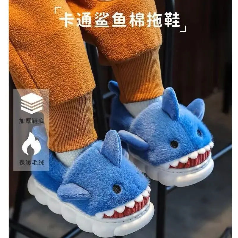 Warm Winter Kids Shark Cotton Slippers Non-Slip Soft Sole Cute Cartoon Plush Home Shoes for Boys Girls Indoor Outdoor
