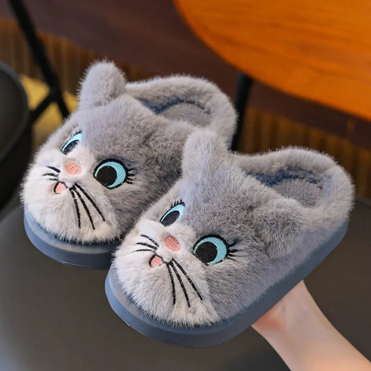 Winter Cartoon Cat Girls Boys Slippers Embroidery Plush Warm Non Slip Children Home Shoes Soft Bottom Kids Floor Slippers