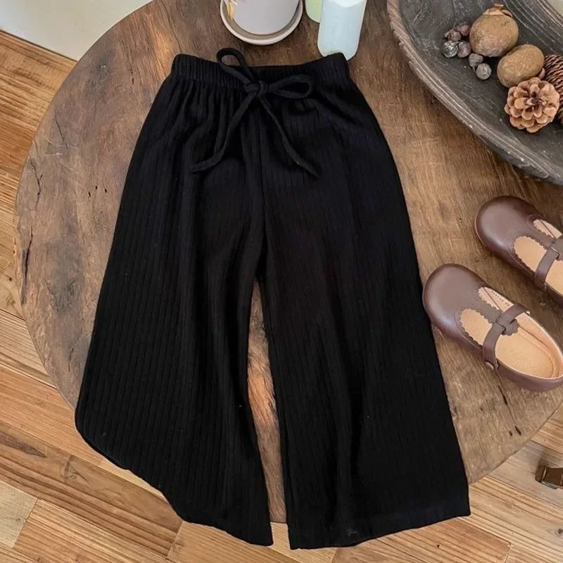 Children Elastic Wide Leg Pant Autumn Solid Color Casual Pants Simple Versatile Baby Trousers High Waist Straight Leg Sweatpants