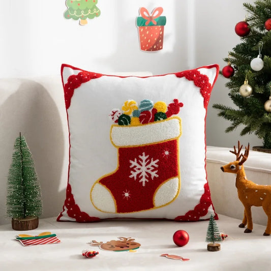 Decorative Cushion Cover Embroidered Towel Pillowcase Santa Claus Snowflake Merry Christmas Living Room Sofa Throw Pillow Cover