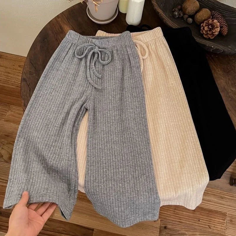 Children Elastic Wide Leg Pant Autumn Solid Color Casual Pants Simple Versatile Baby Trousers High Waist Straight Leg Sweatpants