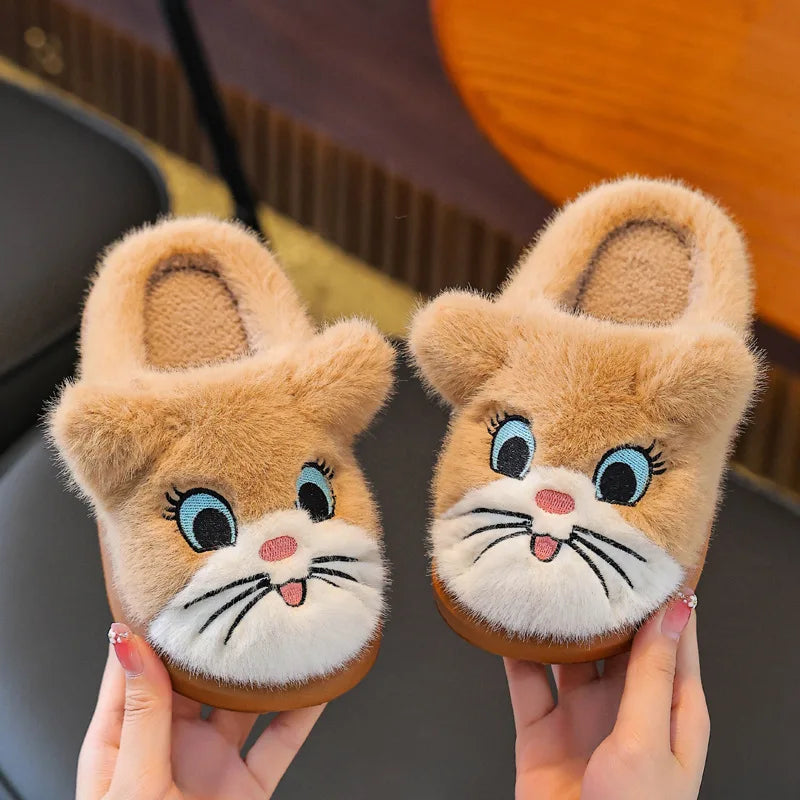 Winter Cartoon Cat Girls Boys Slippers Embroidery Plush Warm Non Slip Children Home Shoes Soft Bottom Kids Floor Slippers