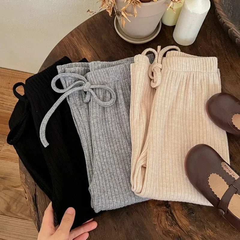 Children Elastic Wide Leg Pant Autumn Solid Color Casual Pants Simple Versatile Baby Trousers High Waist Straight Leg Sweatpants