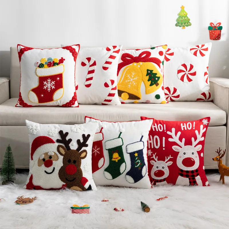 Decorative Cushion Cover Embroidered Towel Pillowcase Santa Claus Snowflake Merry Christmas Living Room Sofa Throw Pillow Cover
