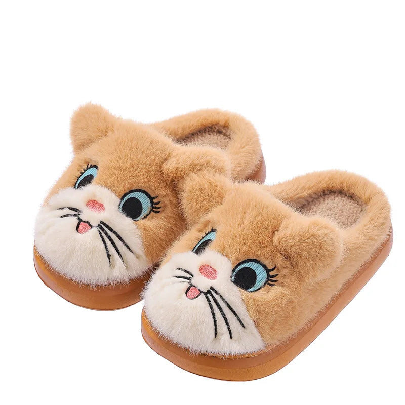 Winter Cartoon Cat Girls Boys Slippers Embroidery Plush Warm Non Slip Children Home Shoes Soft Bottom Kids Floor Slippers