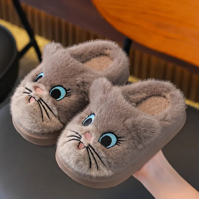 Winter Cartoon Cat Girls Boys Slippers Embroidery Plush Warm Non Slip Children Home Shoes Soft Bottom Kids Floor Slippers