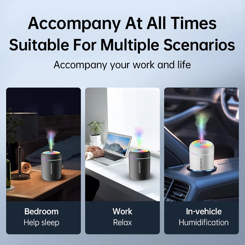 Breathe easy anywhere. This quiet USB-powered diffuser adds moisture, releases a light mist, and creates a calm vibe with soft LED lights. Perfect for your car, home, or office.