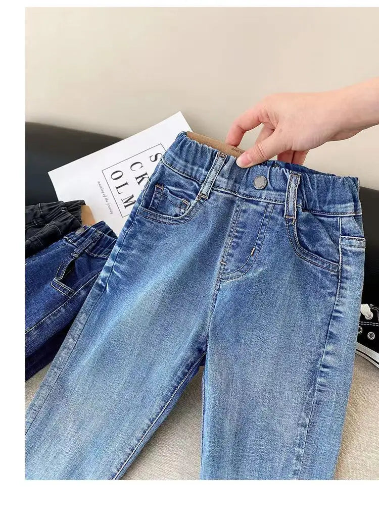 Kids Boys Jeans 2023 Spring And Autumn New Fashionable Elastic Children's Clothing Boys Loose Thin Denim Long Pants