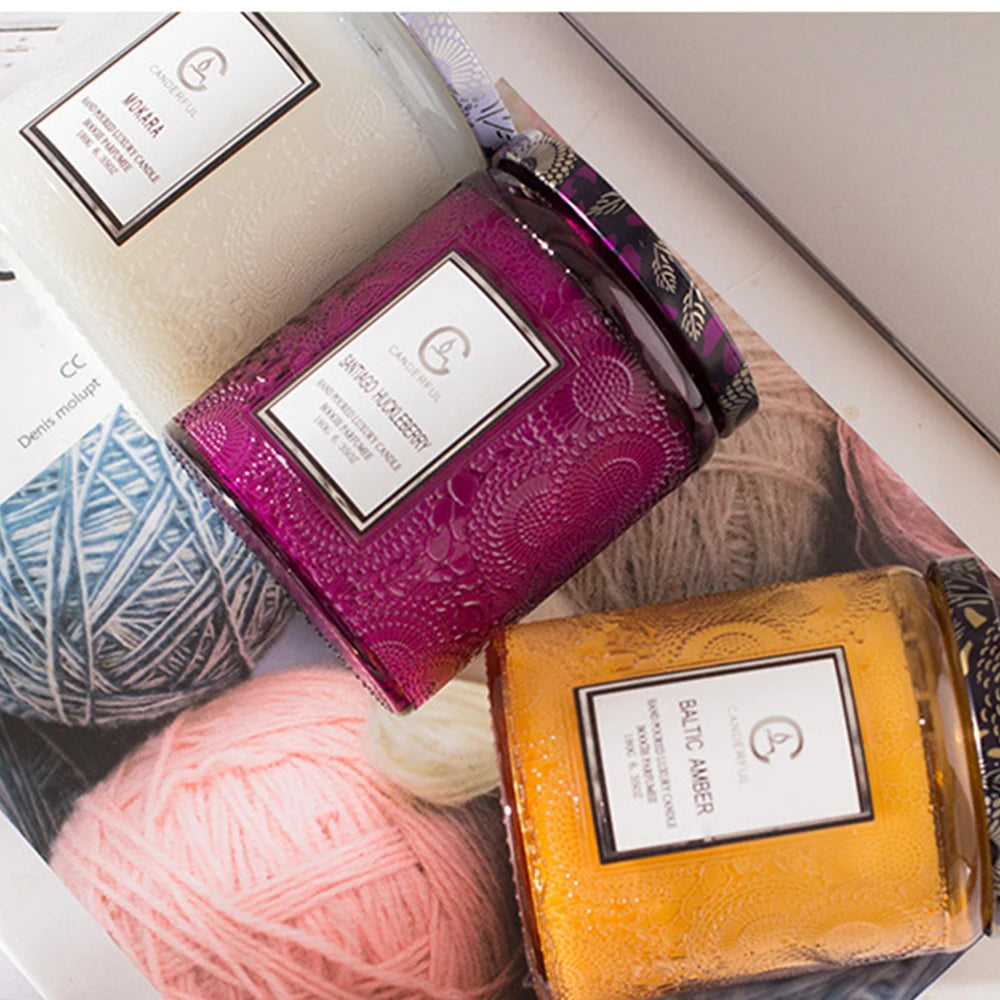 Embossed Glass Scented Candle Soy Wax Aromatherapy Candle | 5 Scents | 40 Hour Long Burn | Plant Essential Oil Clean Burn