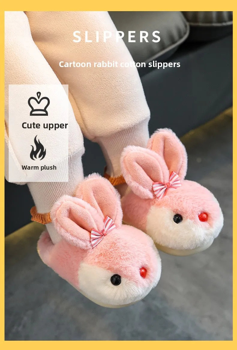Children Winter Thick Slippers Kids Cotton-padded Shoes Baby Indoor Warm Slippers Girls Cute Cartoon Rabbit Animal Shoes Slides