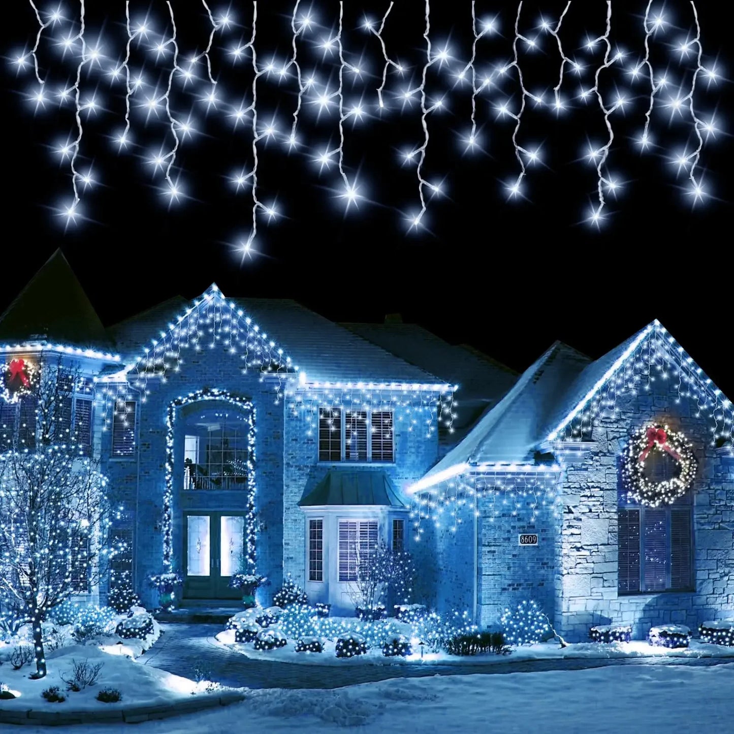 Solar Curtain Icicle Lights Christmas Lights Outdoor Waterproof Eaves Decor String Lights for Yard Party Holiday Decorations