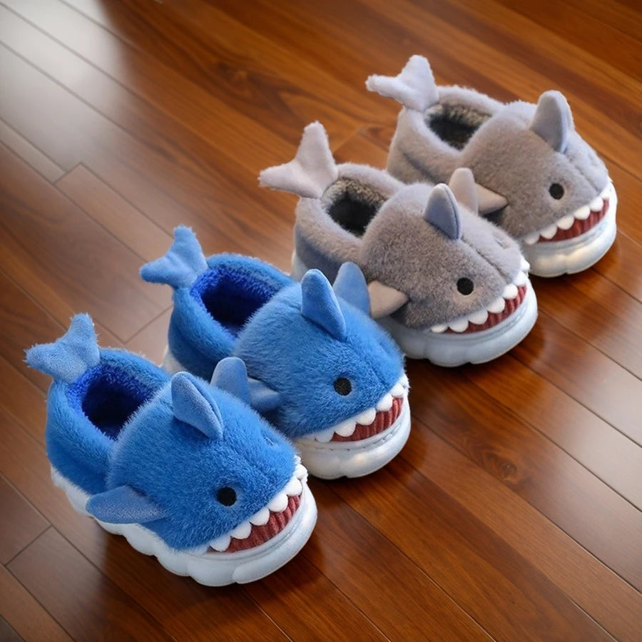 Warm Winter Kids Shark Cotton Slippers Non-Slip Soft Sole Cute Cartoon Plush Home Shoes for Boys Girls Indoor Outdoor