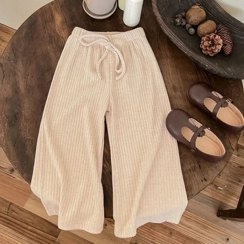Children Elastic Wide Leg Pant Autumn Solid Color Casual Pants Simple Versatile Baby Trousers High Waist Straight Leg Sweatpants