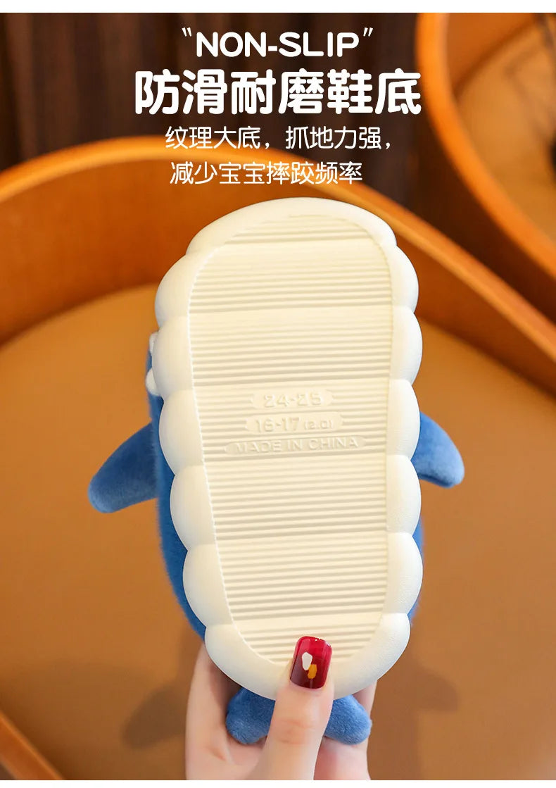 Warm Winter Kids Shark Cotton Slippers Non-Slip Soft Sole Cute Cartoon Plush Home Shoes for Boys Girls Indoor Outdoor