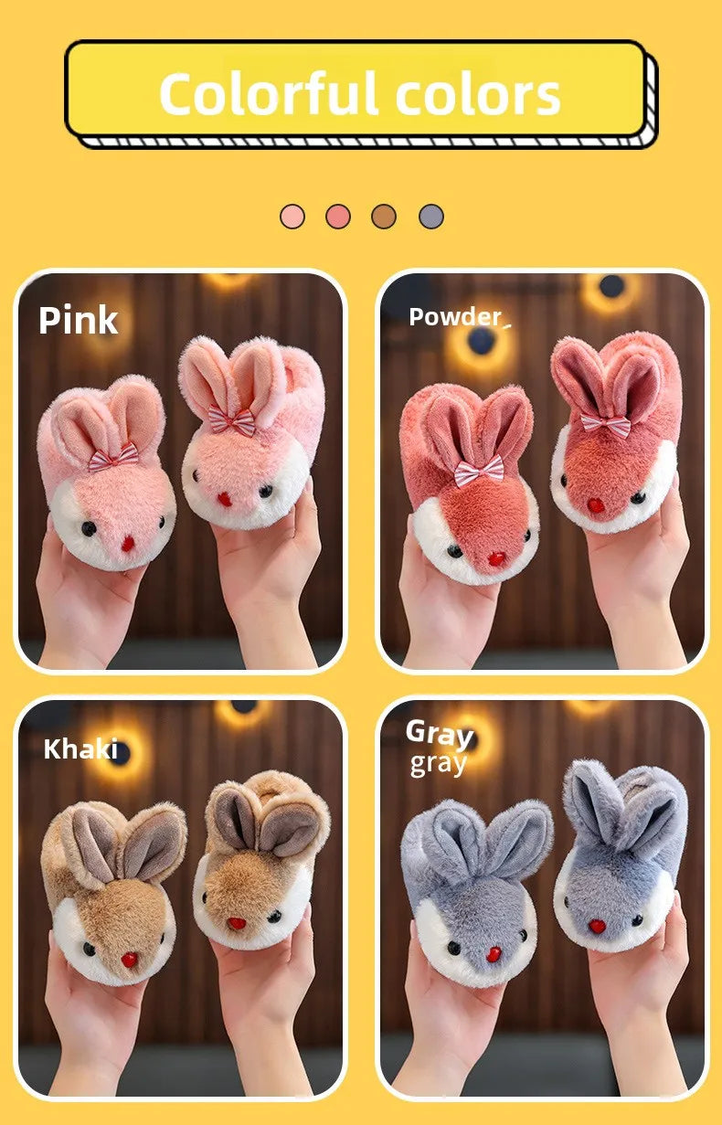 Children Winter Thick Slippers Kids Cotton-padded Shoes Baby Indoor Warm Slippers Girls Cute Cartoon Rabbit Animal Shoes Slides