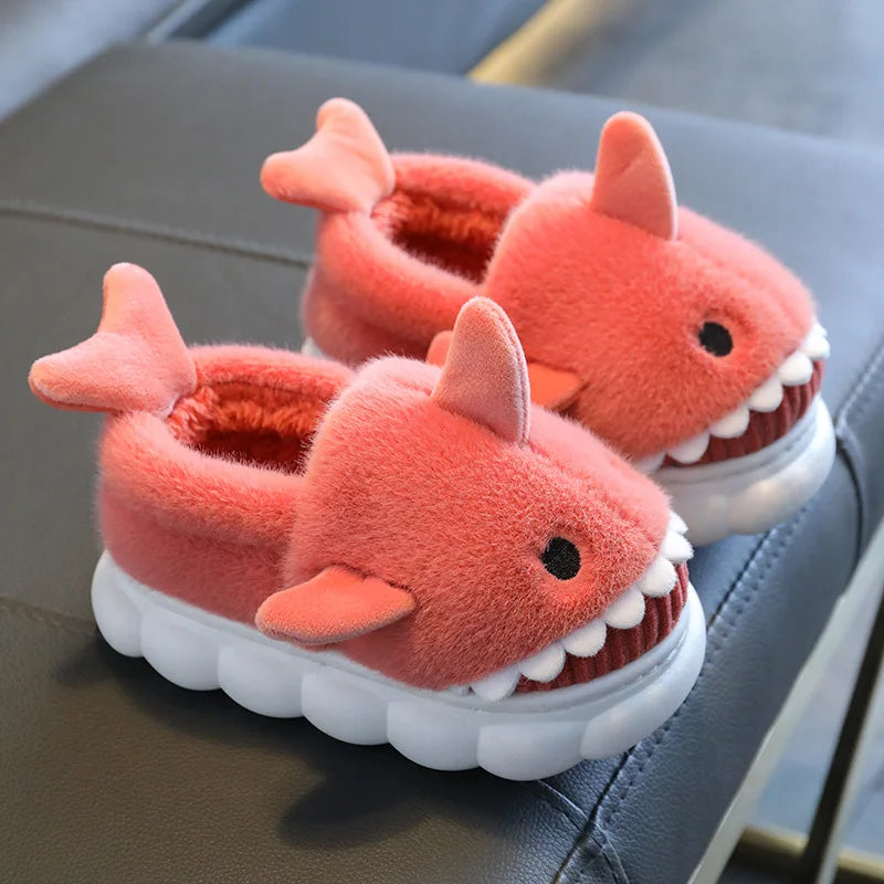 Warm Winter Kids Shark Cotton Slippers Non-Slip Soft Sole Cute Cartoon Plush Home Shoes for Boys Girls Indoor Outdoor