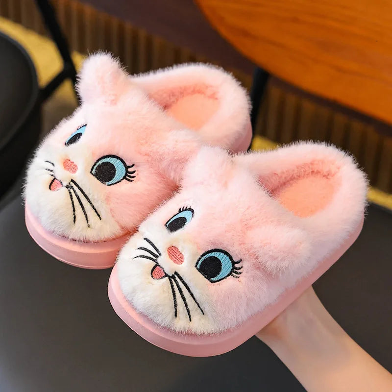 Winter Cartoon Cat Girls Boys Slippers Embroidery Plush Warm Non Slip Children Home Shoes Soft Bottom Kids Floor Slippers