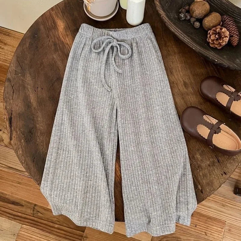Children Elastic Wide Leg Pant Autumn Solid Color Casual Pants Simple Versatile Baby Trousers High Waist Straight Leg Sweatpants