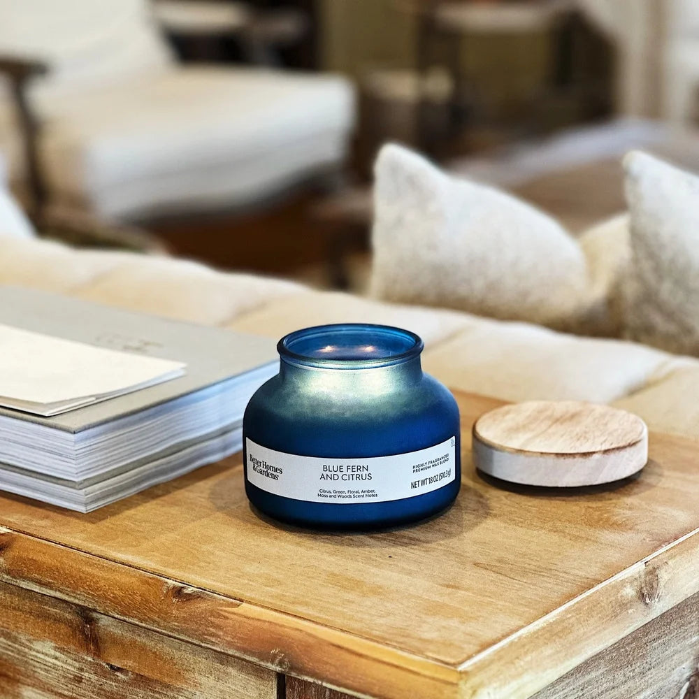 Blue Fern Citrus Scented Candle 2 Wick Jar Candle 18oz Aromatic Fragrance Home Décor Paraffin Wax Long Burn Time 52 Hours