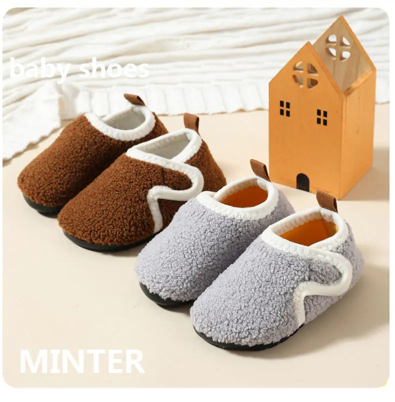 슬리퍼 Child Cotton Slippers Solid Warm Kids Winter Home Shoes Boys Girls Plush Floor Shoes Indoor Soft Sole Anti-slip Cotton Shoes
