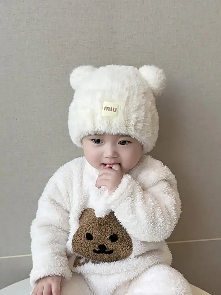 Kids Cartoon Bear Cute Bear Bucket Hats Fluffy Unisex Warm Beanie Lightweight Warm Hat for Christmas, Outdoor Activities