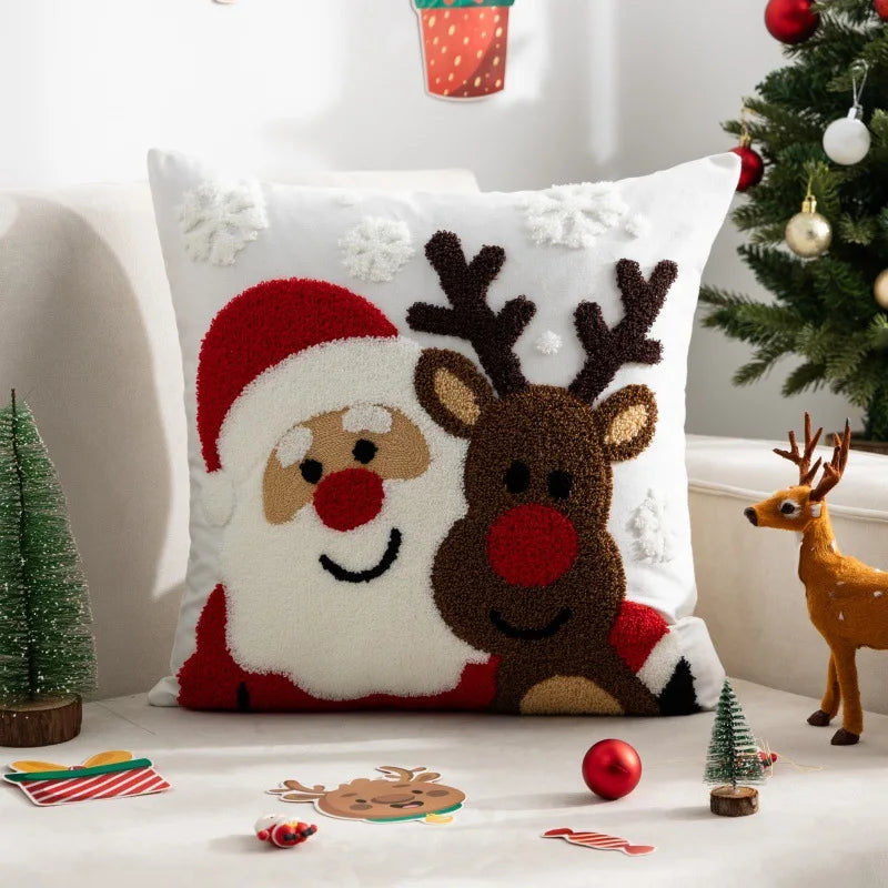 Decorative Cushion Cover Embroidered Towel Pillowcase Santa Claus Snowflake Merry Christmas Living Room Sofa Throw Pillow Cover