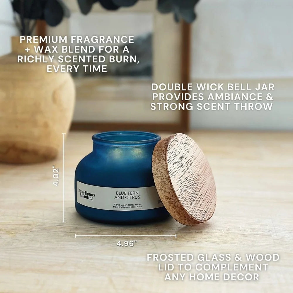 Blue Fern Citrus Scented Candle 2 Wick Jar Candle 18oz Aromatic Fragrance Home Décor Paraffin Wax Long Burn Time 52 Hours