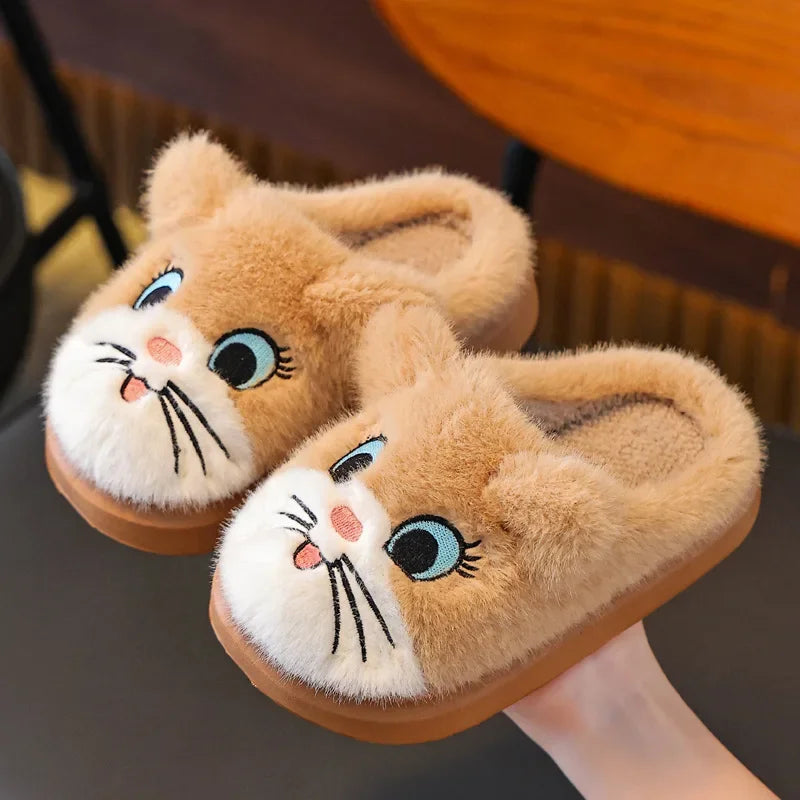 Winter Cartoon Cat Girls Boys Slippers Embroidery Plush Warm Non Slip Children Home Shoes Soft Bottom Kids Floor Slippers