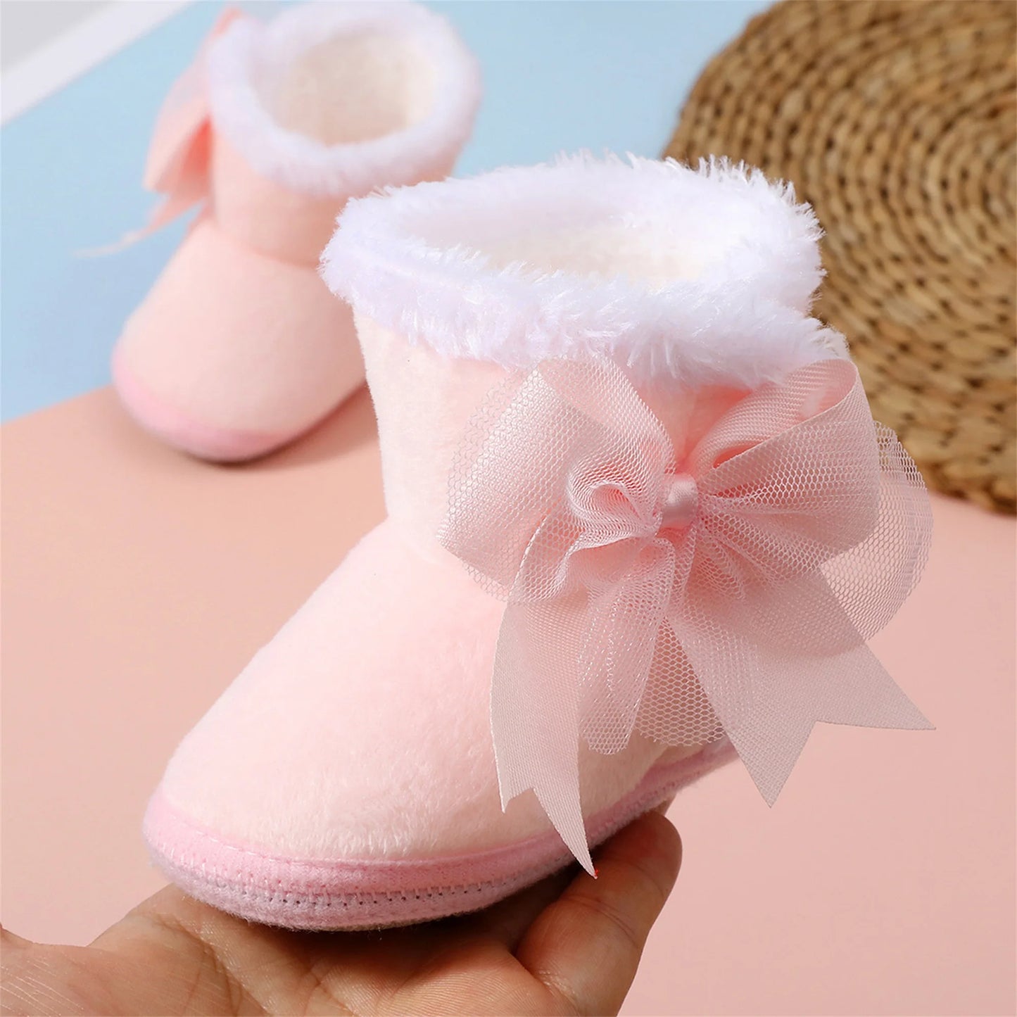 Infant Girls Cozy Fleece Lined Booties Cute Bowknot Slip-Resistant Crib Shoes for Newborns in Autumn and Winter