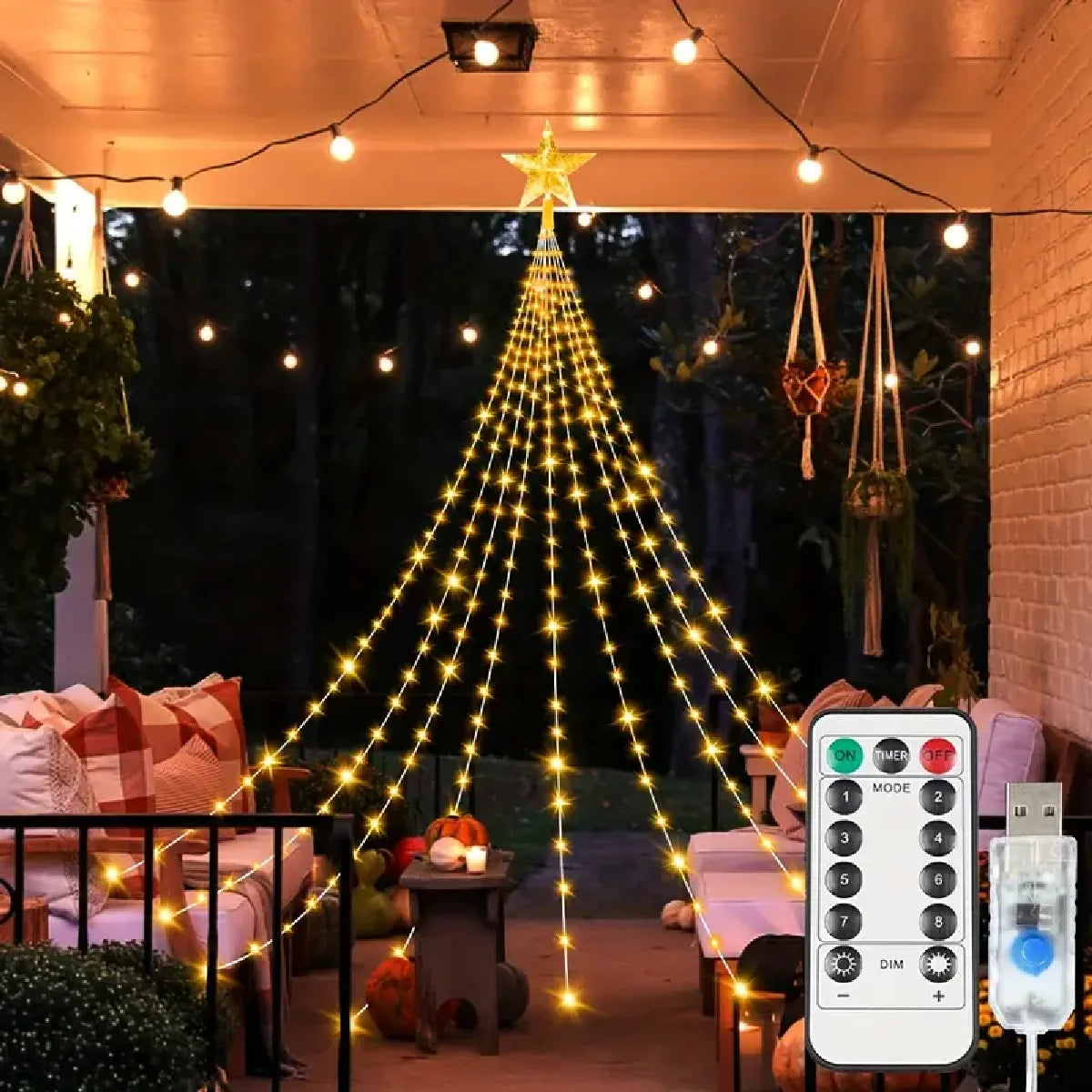 1PC Five-pointed Star Waterfall Lights USB/Solar Powered  Christmas String Lights for Christmas Party Halloween Home Decor