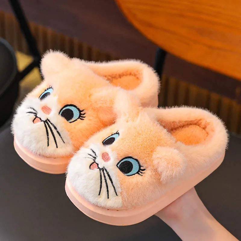 Winter Cartoon Cat Girls Boys Slippers Embroidery Plush Warm Non Slip Children Home Shoes Soft Bottom Kids Floor Slippers