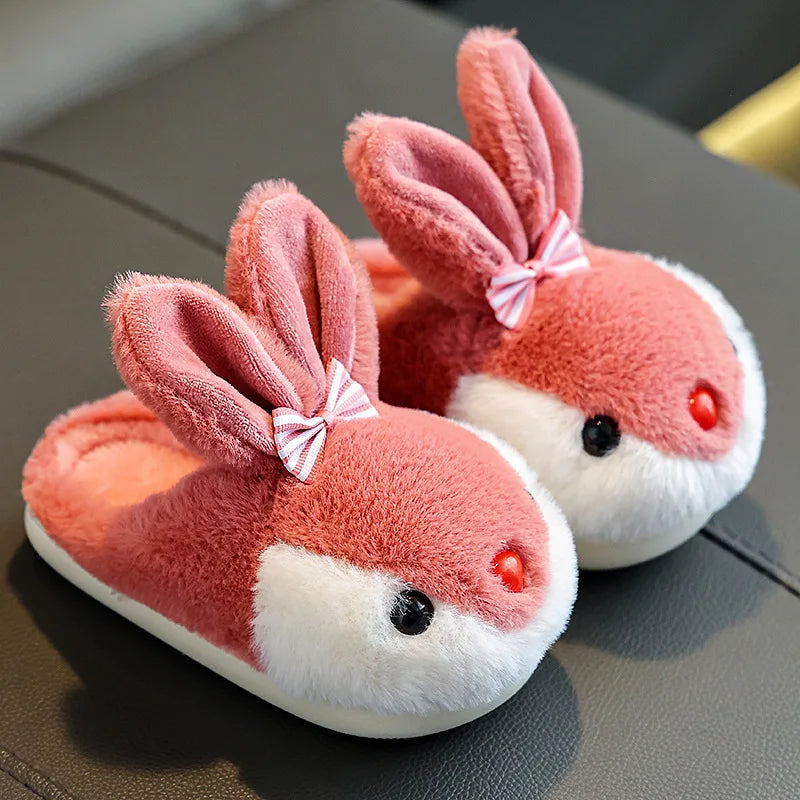 Children Winter Thick Slippers Kids Cotton-padded Shoes Baby Indoor Warm Slippers Girls Cute Cartoon Rabbit Animal Shoes Slides