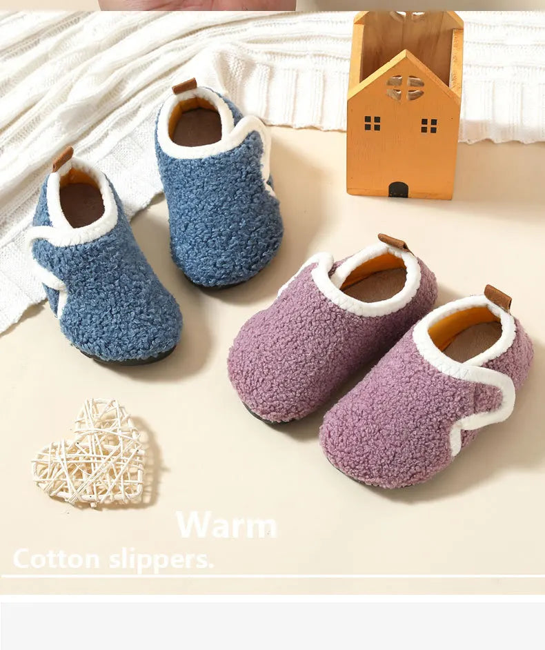 슬리퍼 Child Cotton Slippers Solid Warm Kids Winter Home Shoes Boys Girls Plush Floor Shoes Indoor Soft Sole Anti-slip Cotton Shoes
