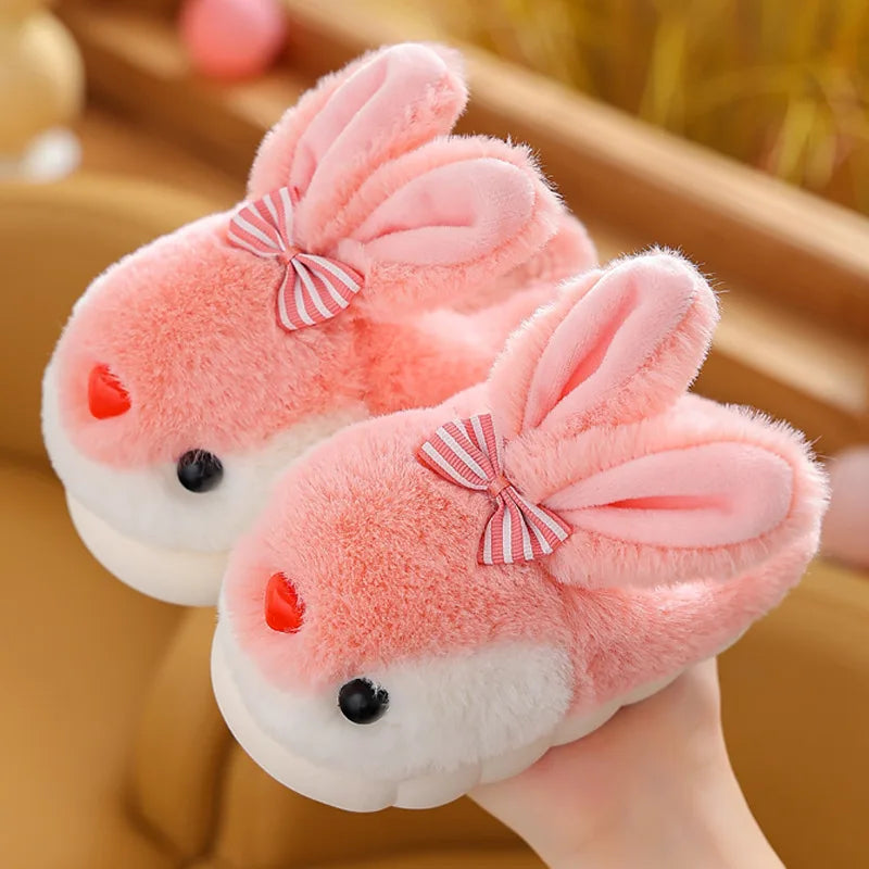 Children Winter Thick Slippers Kids Cotton-padded Shoes Baby Indoor Warm Slippers Girls Cute Cartoon Rabbit Animal Shoes Slides