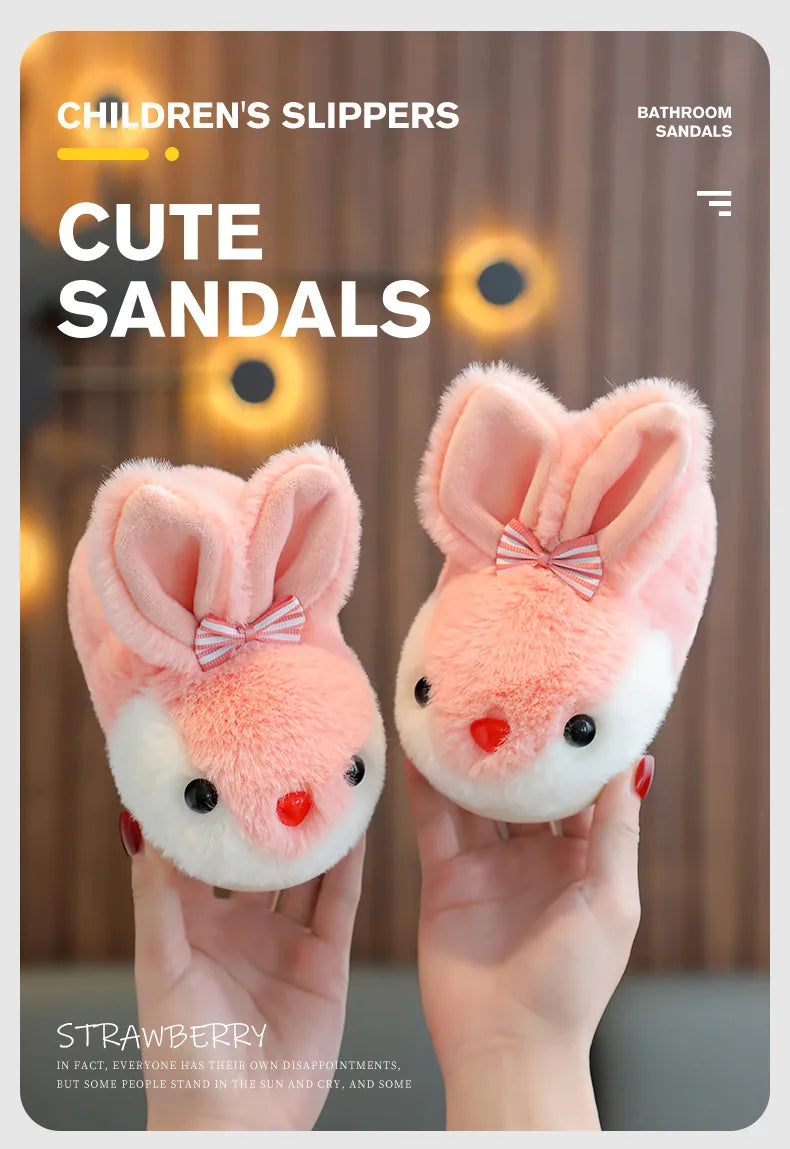 Children Winter Thick Slippers Kids Cotton-padded Shoes Baby Indoor Warm Slippers Girls Cute Cartoon Rabbit Animal Shoes Slides
