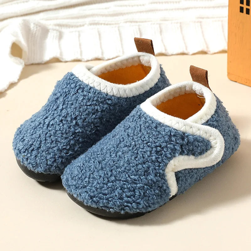슬리퍼 Child Cotton Slippers Solid Warm Kids Winter Home Shoes Boys Girls Plush Floor Shoes Indoor Soft Sole Anti-slip Cotton Shoes
